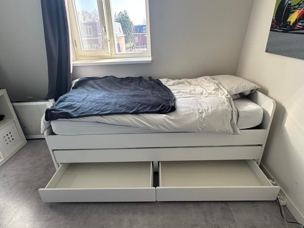 IKEA SLÄKT bedframe met onderbed en opberger, wit, 90x200 cm, Ophalen, 90 cm, Eenpersoons, Wit