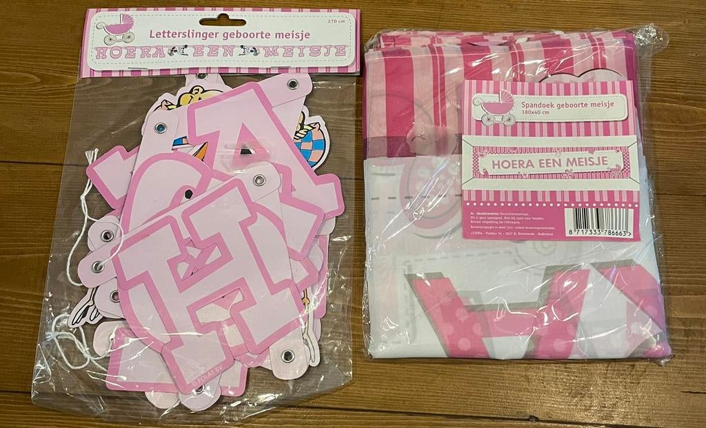 Spandoek en slinger geboorte meisje incl verz, Ophalen of Verzenden, Zo goed als nieuw