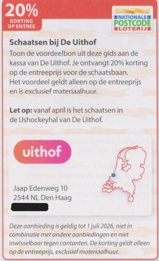 Schaatsen bij De Uithof. 20% korting op entree. Postcode bon, Eén persoon, Kortingskaart