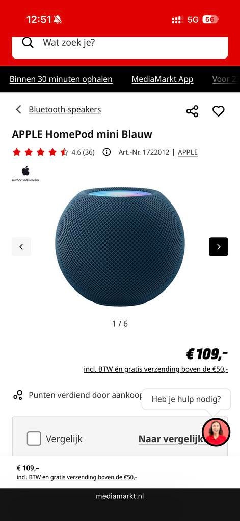Apple HomePod mini Blauw, Overige merken, Overige typen, Nieuw, Ophalen of Verzenden