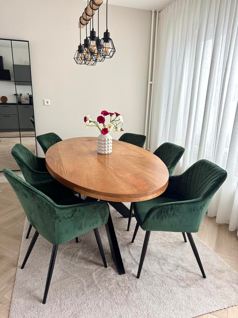 6 Groene Stoffen Eetkamerstoelen, Huis en Inrichting, Stoelen, Ophalen, Overige kleuren, Zo goed als nieuw, Stof