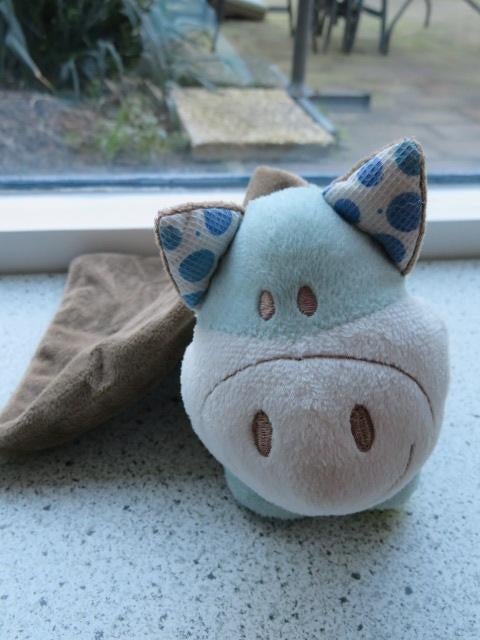 Lichtblauwe Koe of hond met knuffeldoekje merk Prenatal, Ophalen of Verzenden, Zo goed als nieuw, Hond