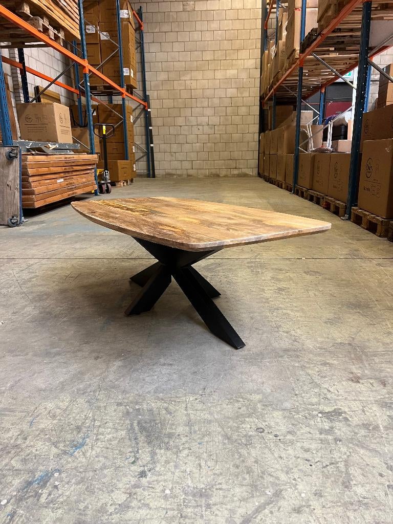 Deens ovale salontafel 130x80cm mango incl. spinpoot, Huis en Inrichting, Ophalen, 100 tot 150 cm, Nieuw, 50 tot 100 cm