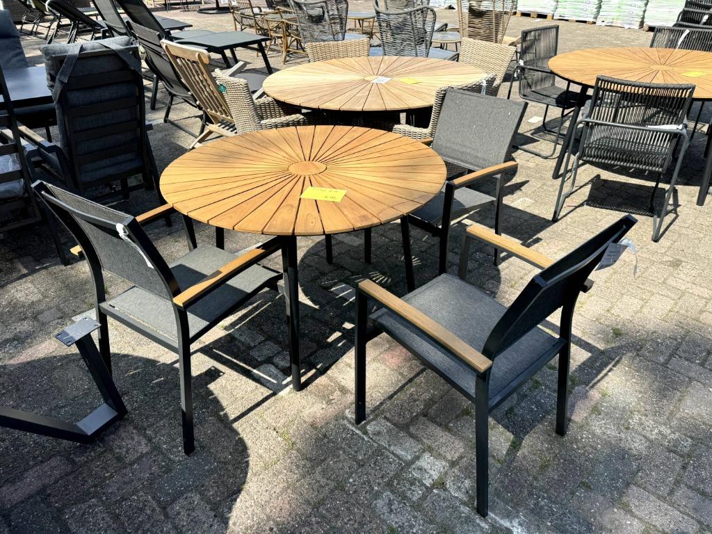 Tuintafel Teak 110 cm rond met arezzo stapelstoel, Ophalen, Nieuw, Rond, Teakhout