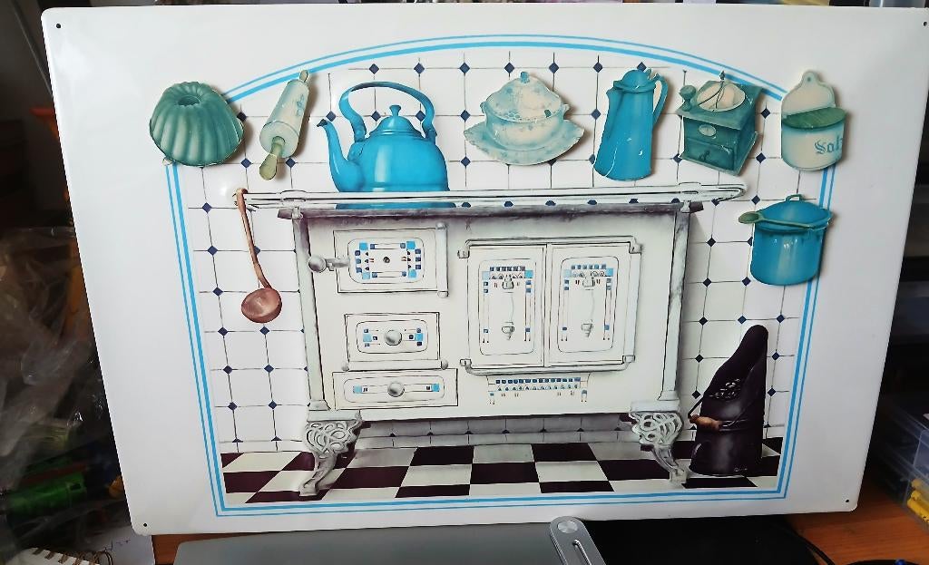 Brocante memobord metaal keuken fornuis met 7 magneten, Ophalen of Verzenden