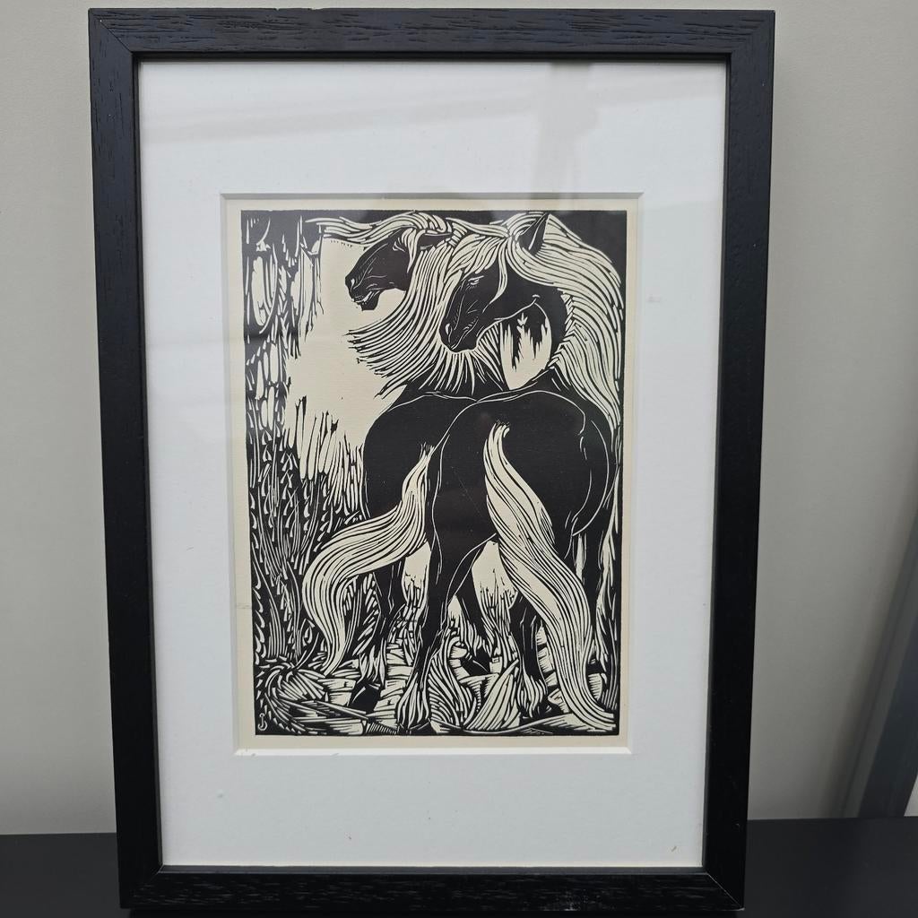 Jan Schonk (1889-1976)  "Paarden" houtsnede of linosnede, Ophalen of Verzenden