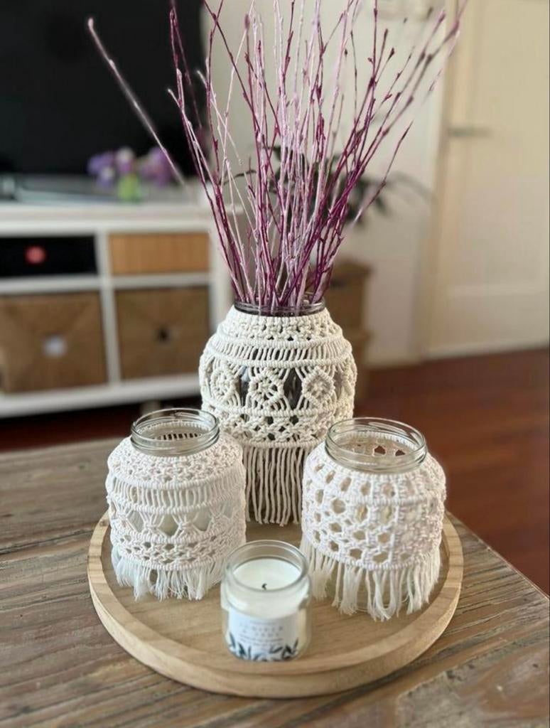 Set van 3 macramé windlichten, Overige materialen, Wit, Ophalen of Verzenden, Zo goed als nieuw
