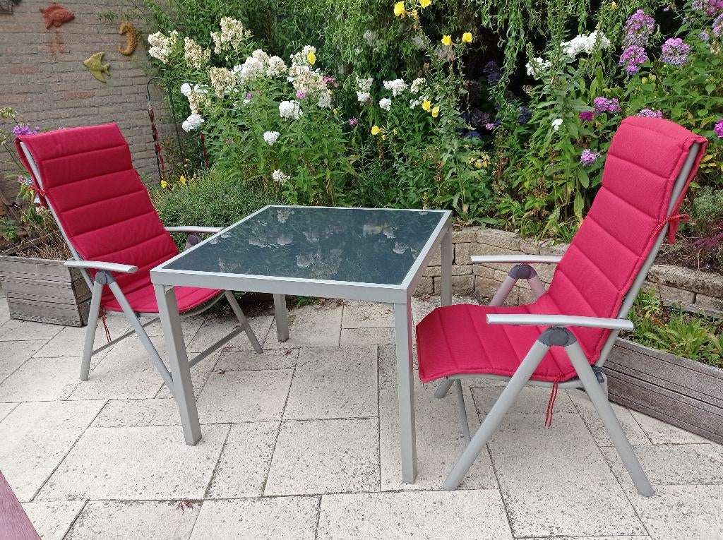 Tuinset 2 persoons: Tafel 90x90  H 73  en 2 stoelen. LEES>>, Tuin en Terras, Gebruikt, Aluminium, Tuinset, Eettafel