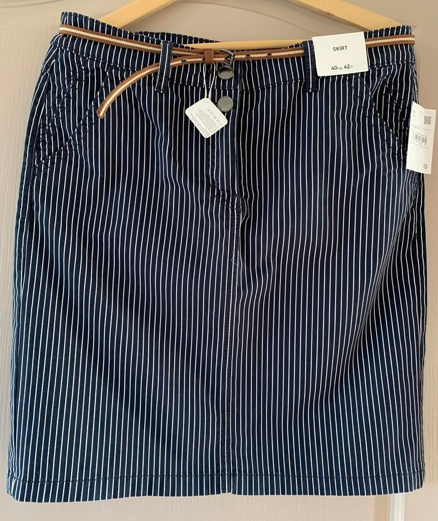 Gestreept donkerblauw-wit Rok met riem NIEUW (40), Maat 38/40 (M), Blauw, Nieuw, Ophalen of Verzenden