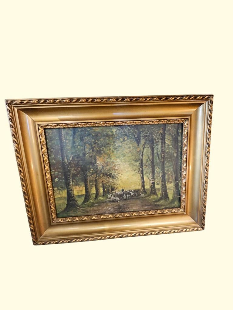 Olieverfschilderij: Herder met schapen in bosrijk landschap, Ophalen