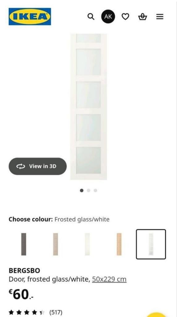 IKEA BERGSBO Door, frosted glass/white, 50x229 cm, 2 st., Ophalen, Gebruikt