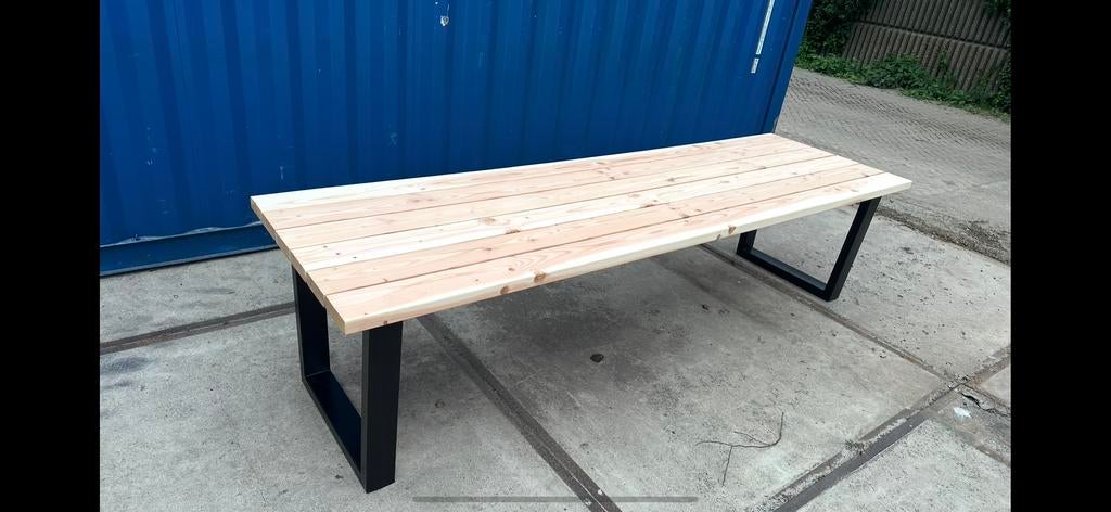 Douglas tuintafel met stalen poten 300x90x76cm, Ophalen, Nieuw, Rechthoekig, Hout