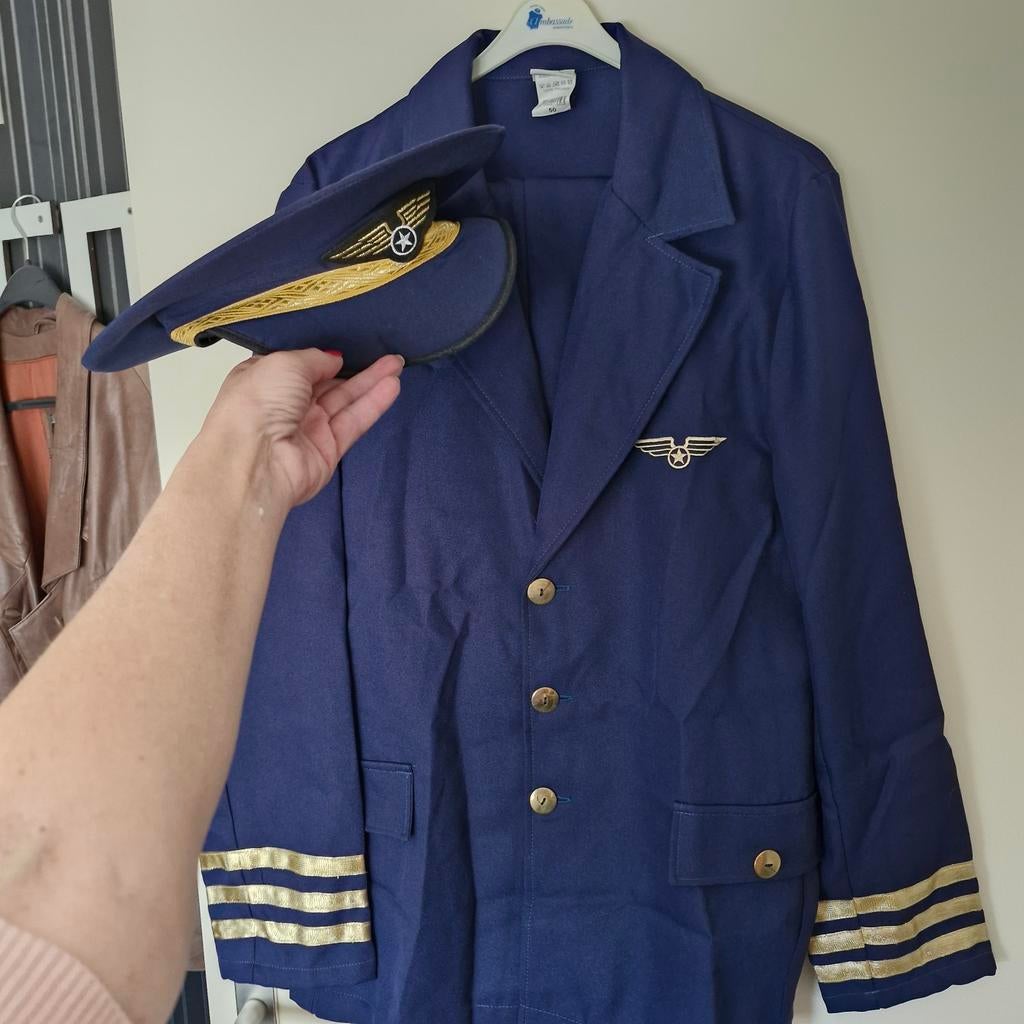 Piloot kostuum jas en pet - Maat 50, Ophalen of Verzenden, Gebruikt, Pak of Jurk