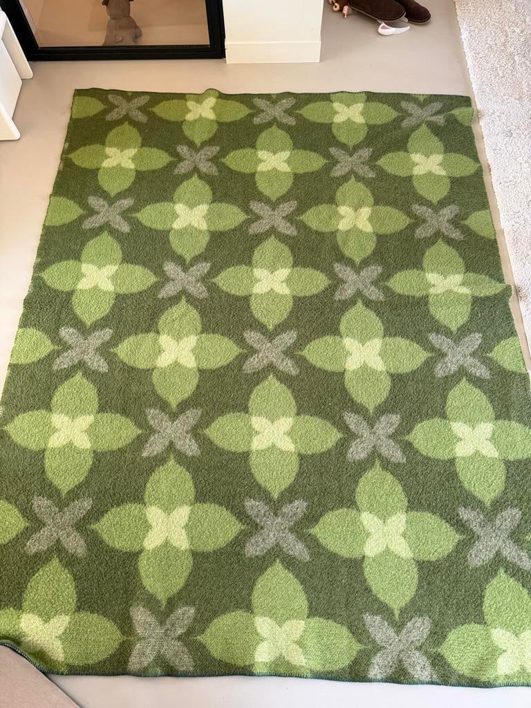 Vintage wollen deken - Groen met patroon, 150 tot 200 cm, 200 cm of meer, Ophalen of Verzenden, Zo goed als nieuw