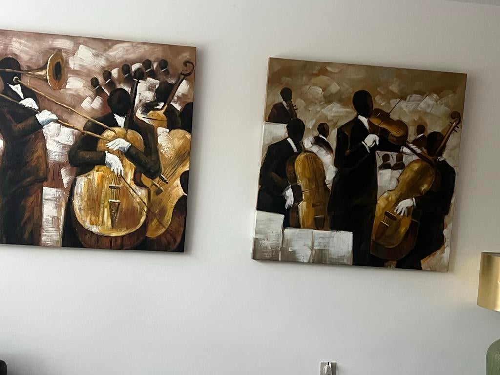 Set van 2 schilderijen: Jazzmuzikanten, Ophalen of Verzenden, Zo goed als nieuw, Schilderij, 50 tot 75 cm