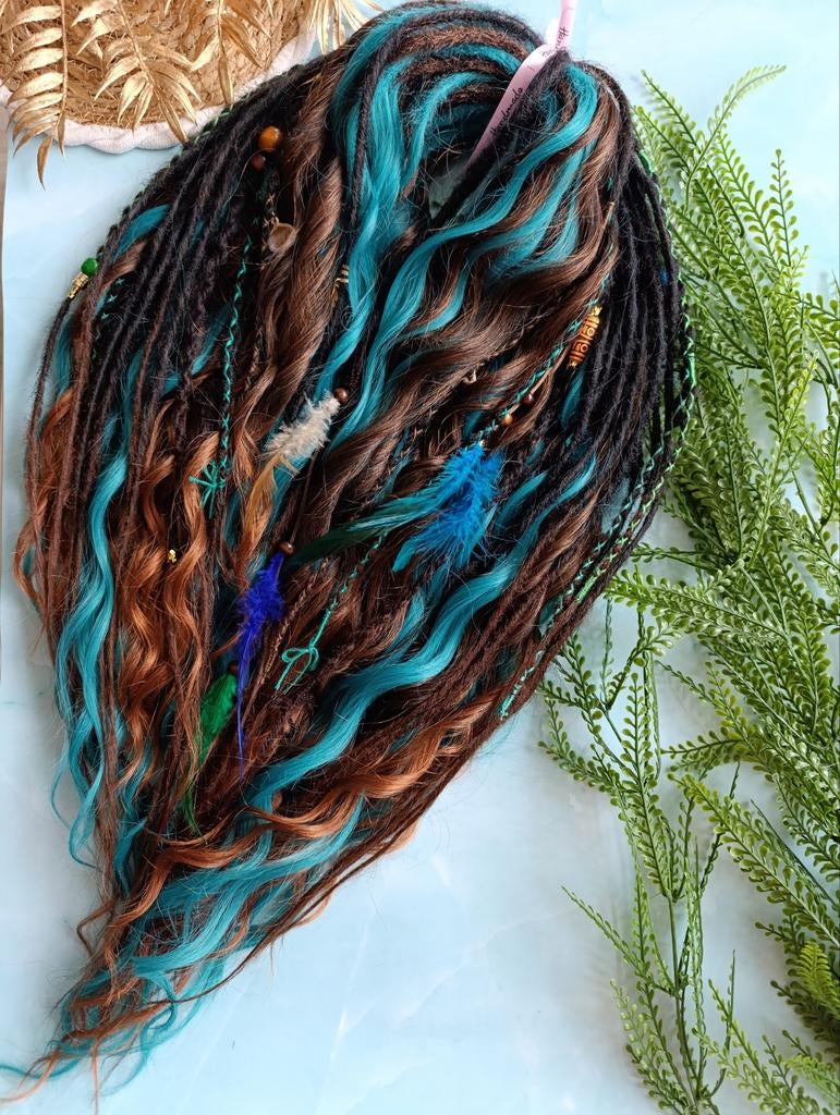 Dread krullen, turquise en bruin dreadlock extensions, Ophalen of Verzenden, Nieuw, Pruik of Haarverlenging