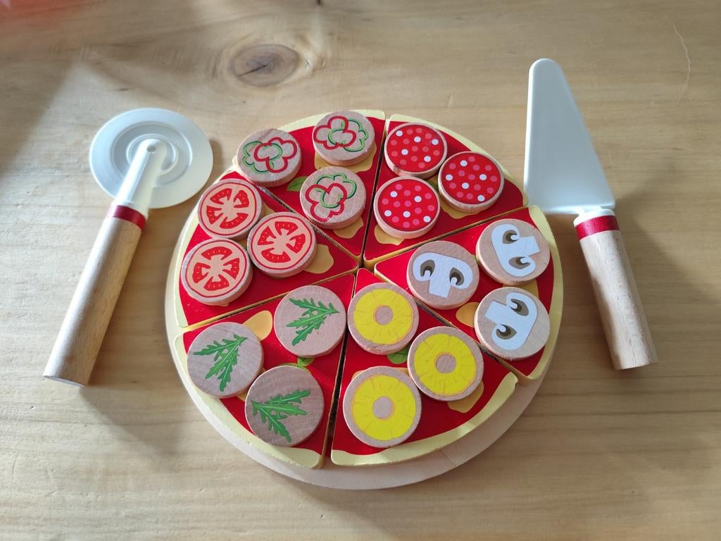 Houten speelgoed pizza met snijder en schep, Ophalen, Gebruikt, Jongen of Meisje