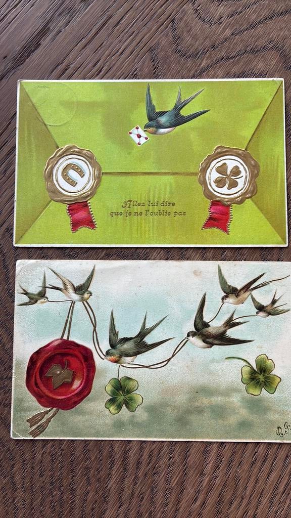 2  Zegel oorkonde. Vogels in vlucht.Klaver. Reliefkaart, Ophalen of Verzenden, Voor 1920, Gelopen