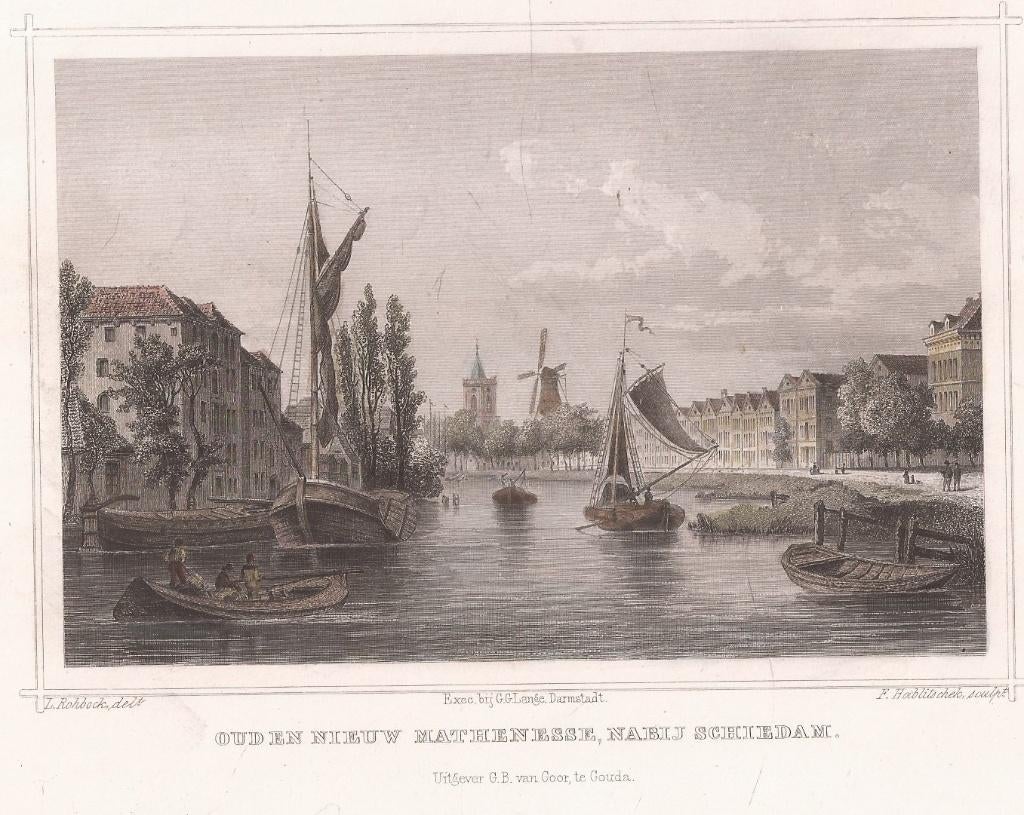 Oud en Nieuw Mathenesse, Nabij Schiedam Staalgravure 1858, Ophalen of Verzenden