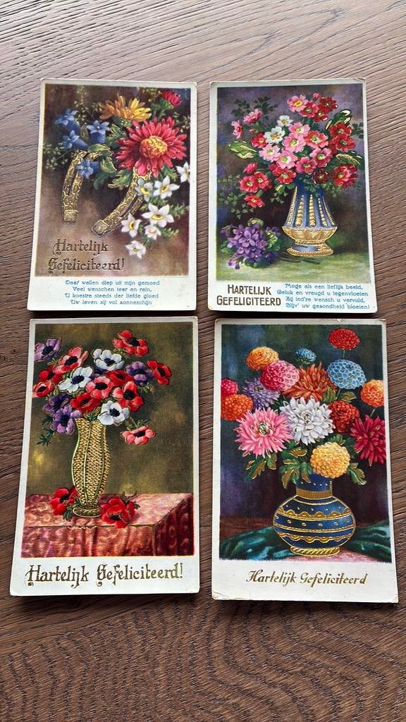 4 mooie glanskaarten bloemen met goudopdruk.2 met gedicht., Ophalen of Verzenden, 1920 tot 1940, Gelopen, Overige thema's