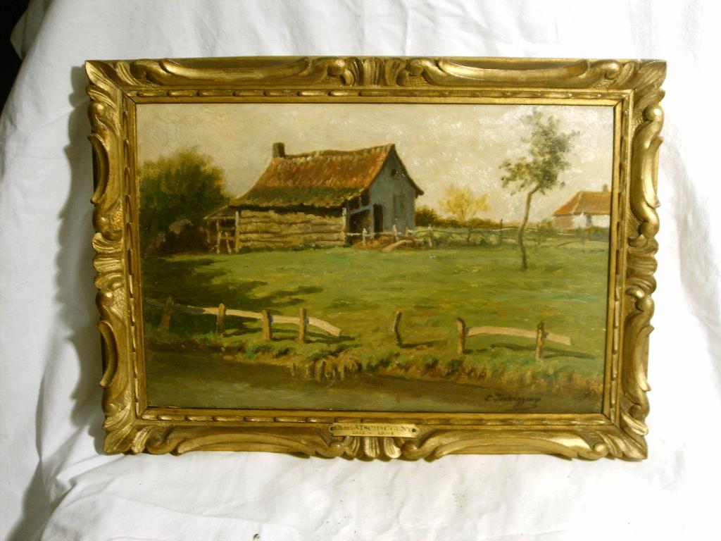 Schilderij van schuur in weiland van Charles Tschaggeny., Antiek en Kunst, Kunst | Schilderijen | Klassiek, Ophalen of Verzenden