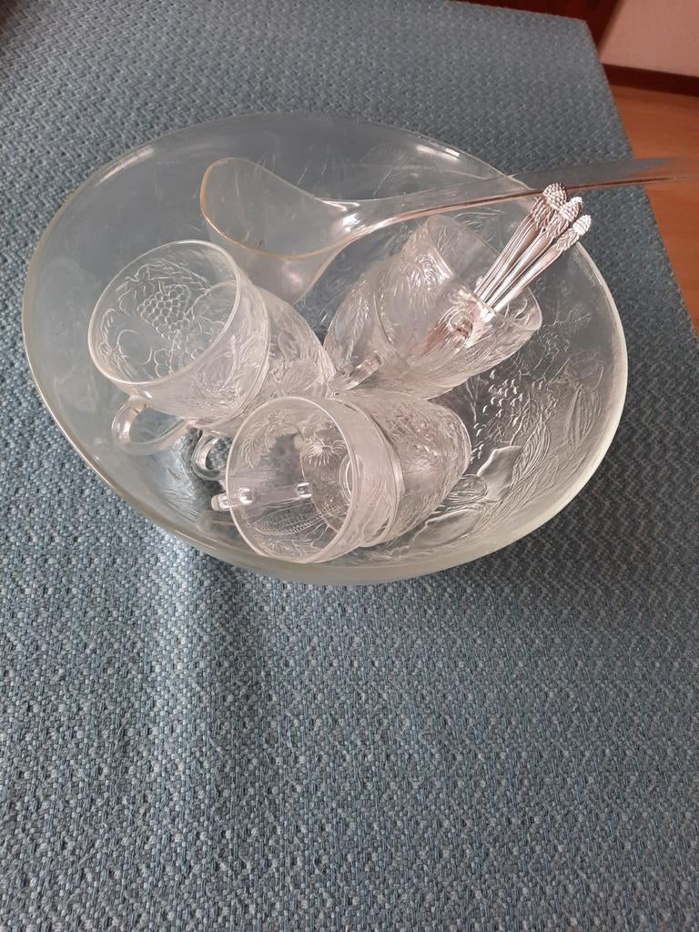 Glazen bowlstel met 6 kommen, 6 vorkjes en opscheplepel, Huis en Inrichting, Nieuw, Ophalen of Verzenden, Glas, Kom(men)