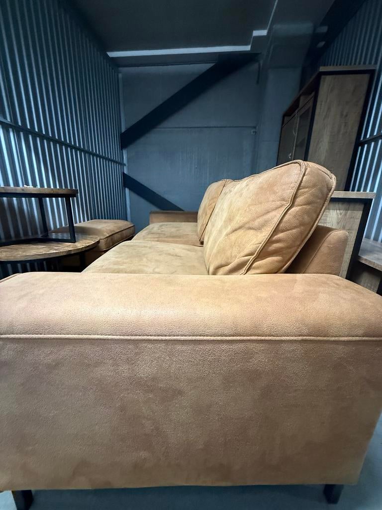 Mooie cognac kleurige 3-zitsbank met fauteuil, Ophalen, Gebruikt, Driepersoons, Rechte bank