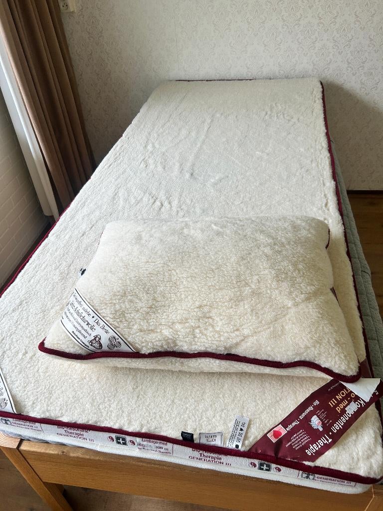 Matras topper en hoofdkussen Schapenwol, Huis en Inrichting, Slaapkamer | Beddengoed, Ophalen, Gebruikt, Eenpersoons, Wit