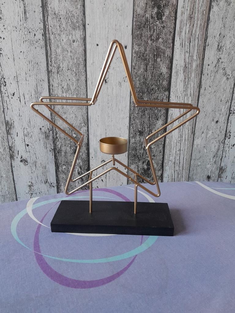 Goudkleurige ster metale waxinelichthouder met zwart hout, Diversen, Kerst, Ophalen of Verzenden, Zo goed als nieuw