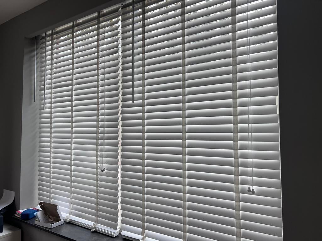 Houten jaloezieën, wit, 180 h x 100 b. Drie stuks, Ophalen, Gebruikt, Wit, 150 tot 200 cm