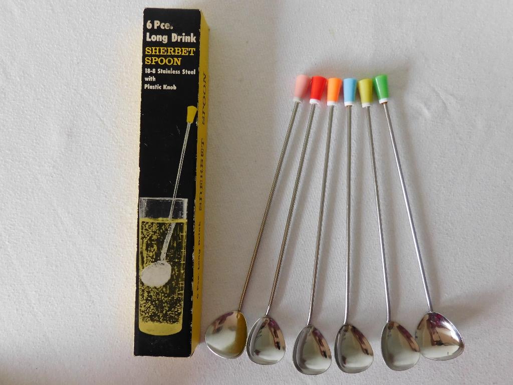 6 vintage longdrink- of sorbet-/dessertlepels van Sherbet Sp, Ophalen of Verzenden, Overige typen