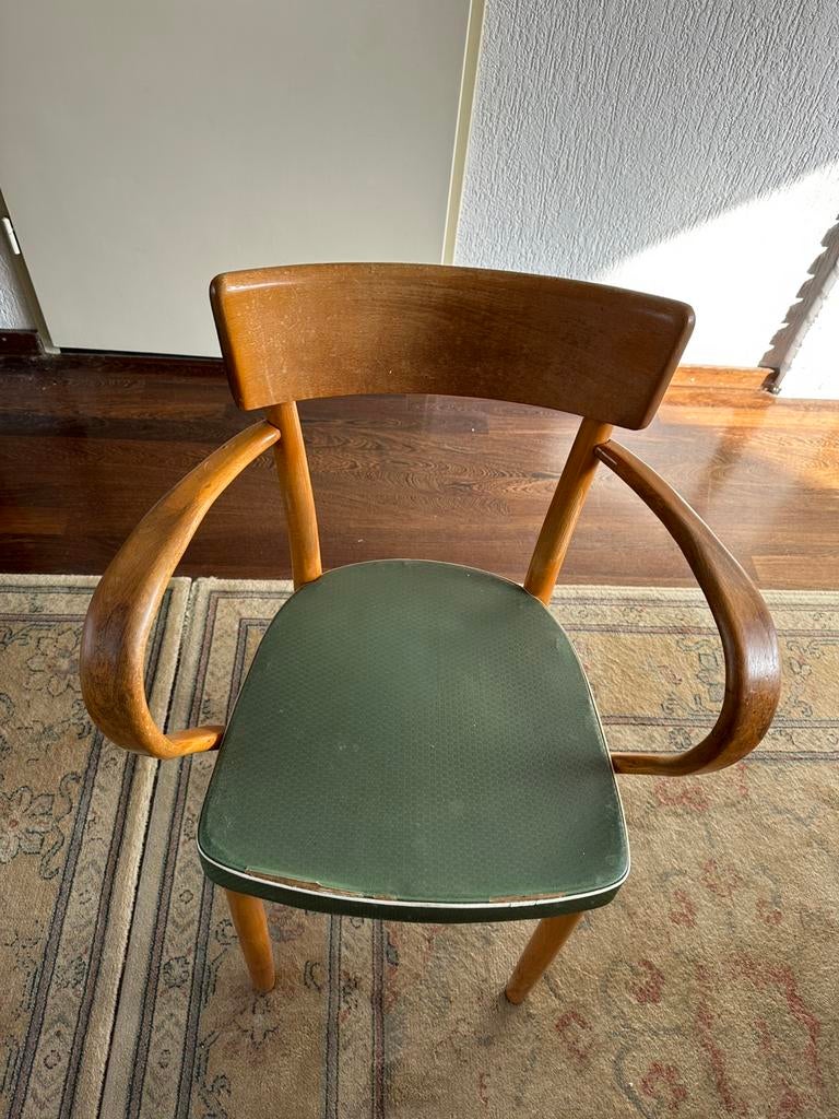 Vintage Mid Century Stoel hout met skai, Huis en Inrichting, Ophalen, Gebruikt, Bruin, Retro