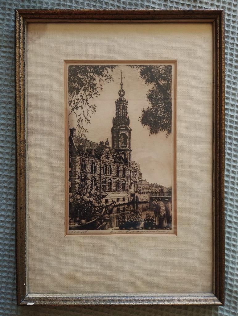 Ets Cornelis Brandenburg - Munt Amsterdam bloemenmarkt, Antiek en Kunst, Ingelijst, Ets, Stadsgezicht, Ophalen of Verzenden
