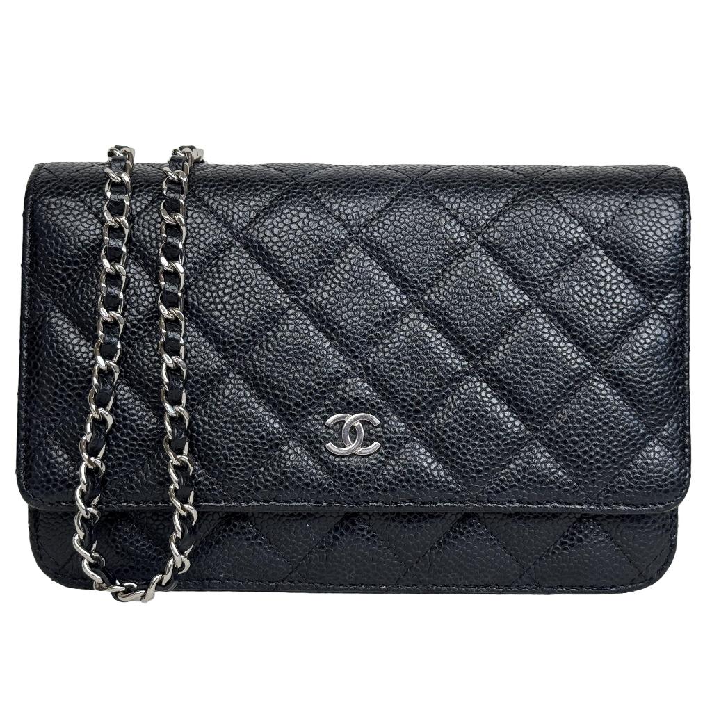 Chanel caviar WOC wallet on chain crossbody zilver silver, Verzenden, Zo goed als nieuw, Zwart, Avondtasje