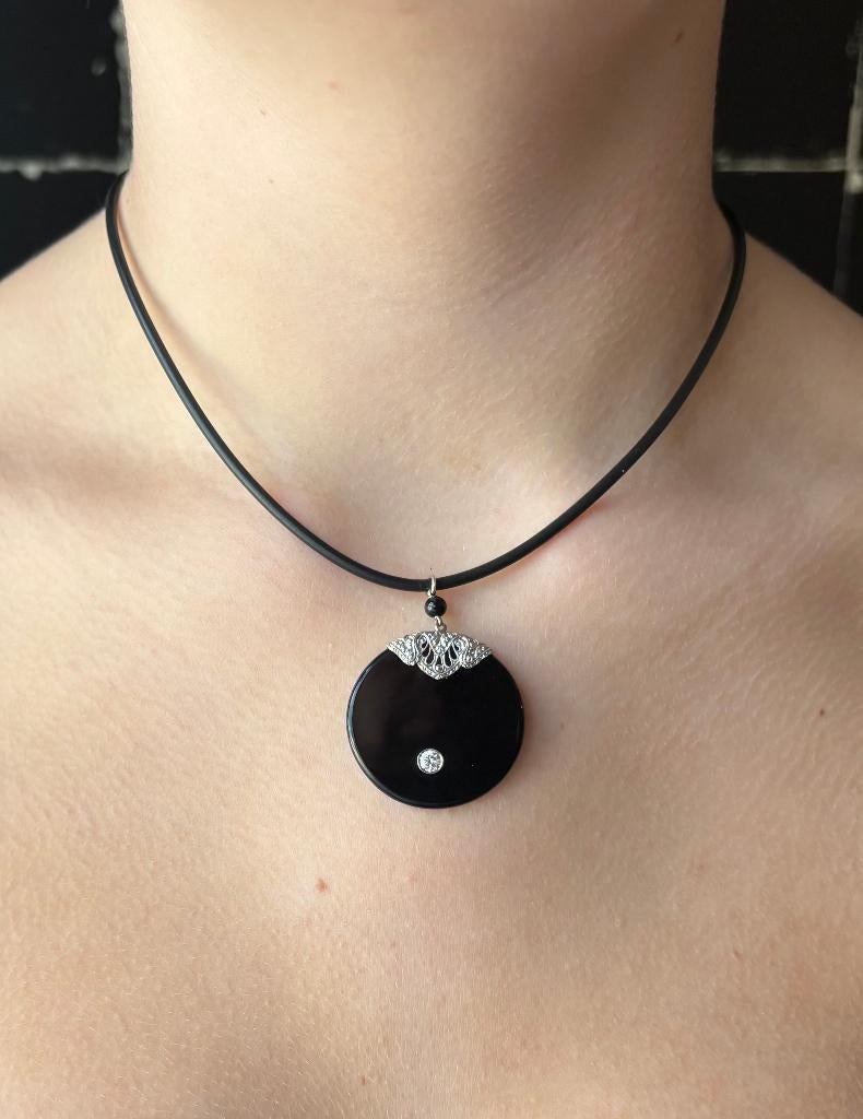 Art Deco diamanten onyx antieke 14k gouden hanger ketting