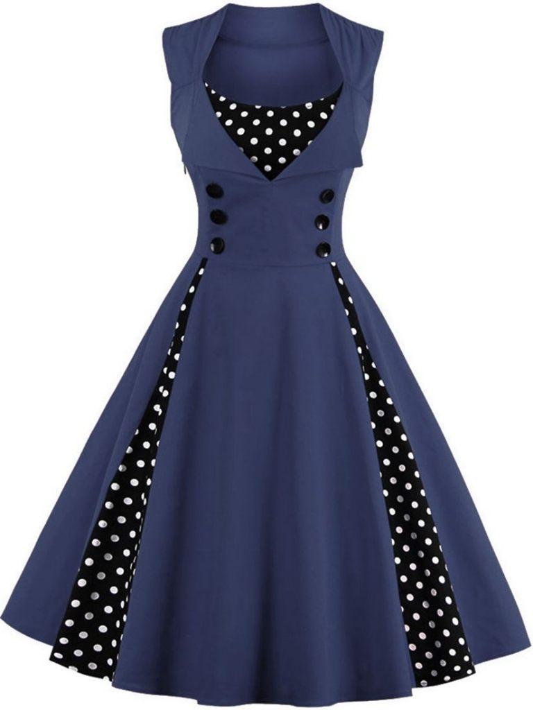 Blauwe stippen jurk rockabilly vintage retro dames vrouwen, Verzenden, Nieuw, Blauw, Knielengte