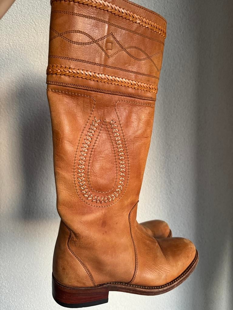 Sancho Boots hoge echt leren western stijl cowboy laarzen, Hoge laarzen, Beige, Ophalen of Verzenden, Zo goed als nieuw