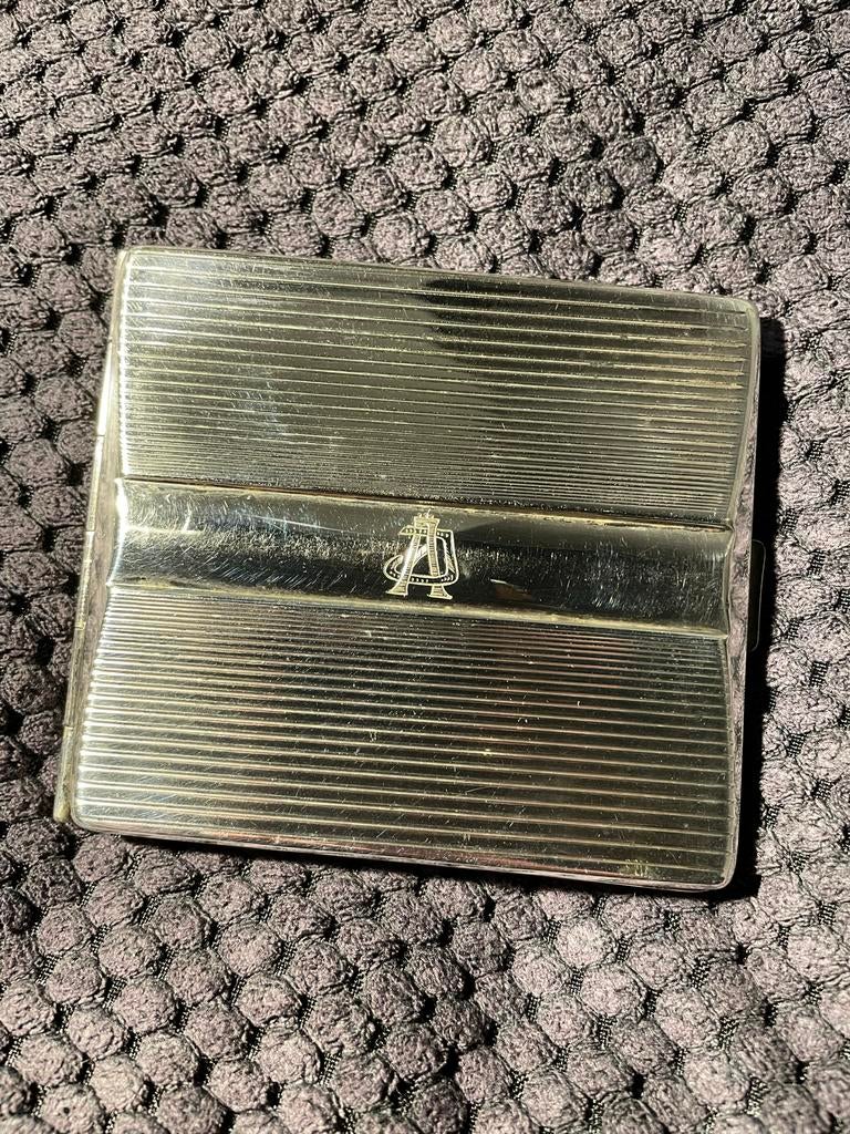 Alpacca Verzilverde Sigaretten Koker met Monogram, Ophalen of Verzenden, Zilver