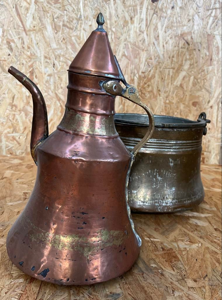 Antieke koperen thee- of waterkan en kookpot., Ophalen of Verzenden, Koper