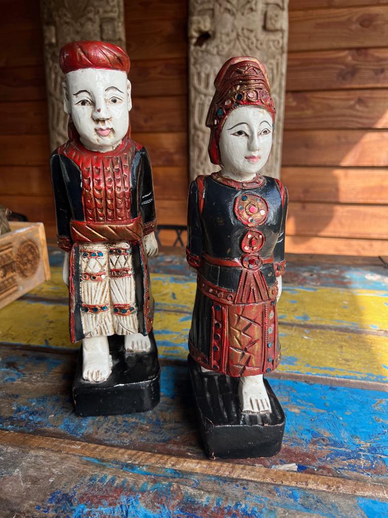 India houtsnijwerk vintage beelden echtpaar man vrouw 30 cm, Groep mensen, Ophalen of Verzenden, 20 - 50 cm, Beeld