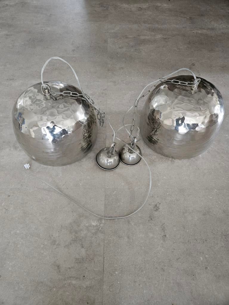 2 metalen hanglampen, Huis en Inrichting, Lampen | Hanglampen, Gebruikt, Minder dan 50 cm, Metaal, Ophalen