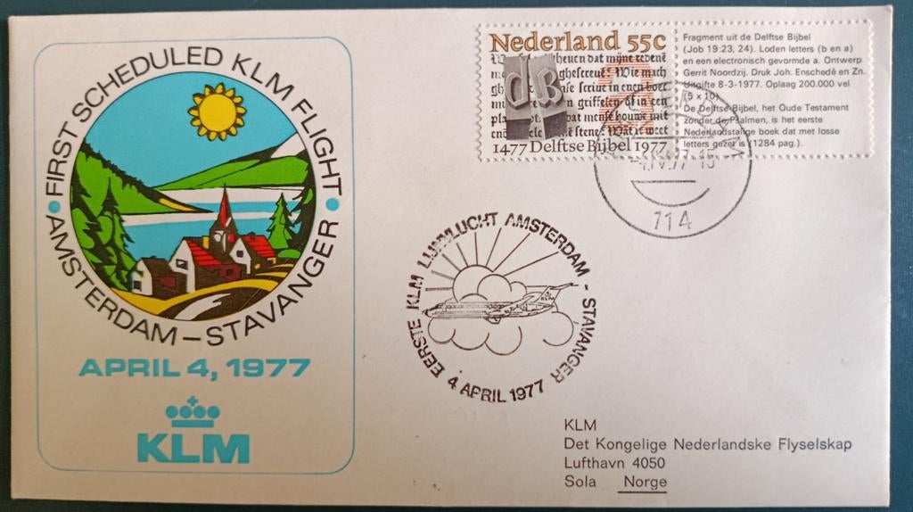 1e vlucht envelop KLM 1977, Ophalen of Verzenden, Onbeschreven, Nederland
