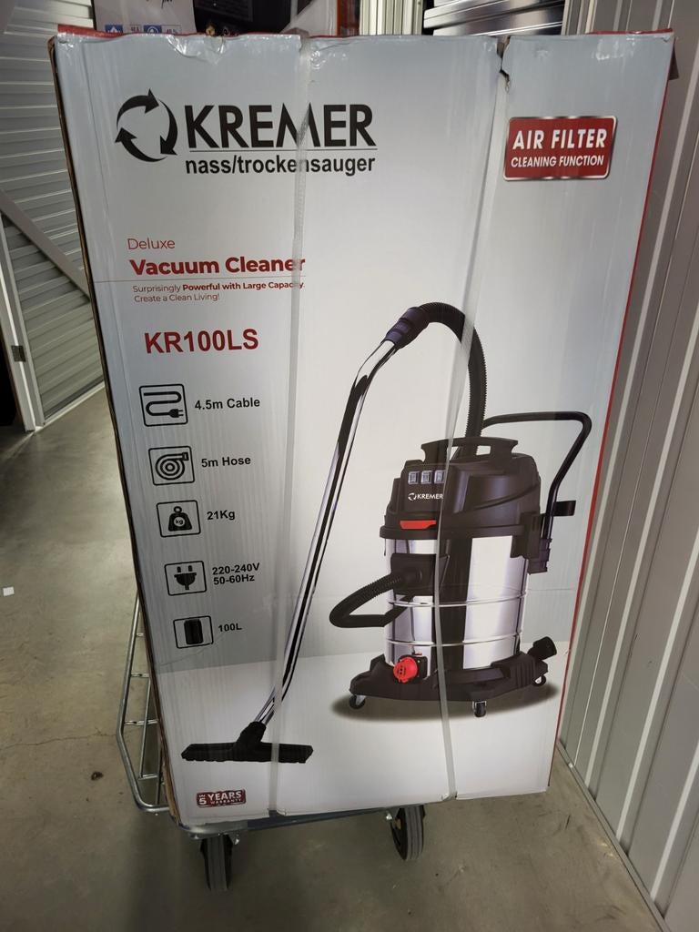 Ongebruikte Kremer nat/droog stofzuiger KR100LS 3000W 100L, Nieuw, Ophalen of Verzenden, 2000 watt of meer, Waterstofzuiger