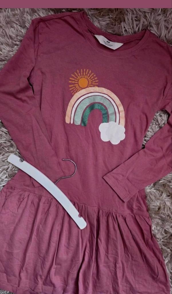 Nieuwstaat! Poederroze H&M Glitter Opdruk Jurk 134 140, H&M, Nieuw, Jurk of Rok, Verzenden