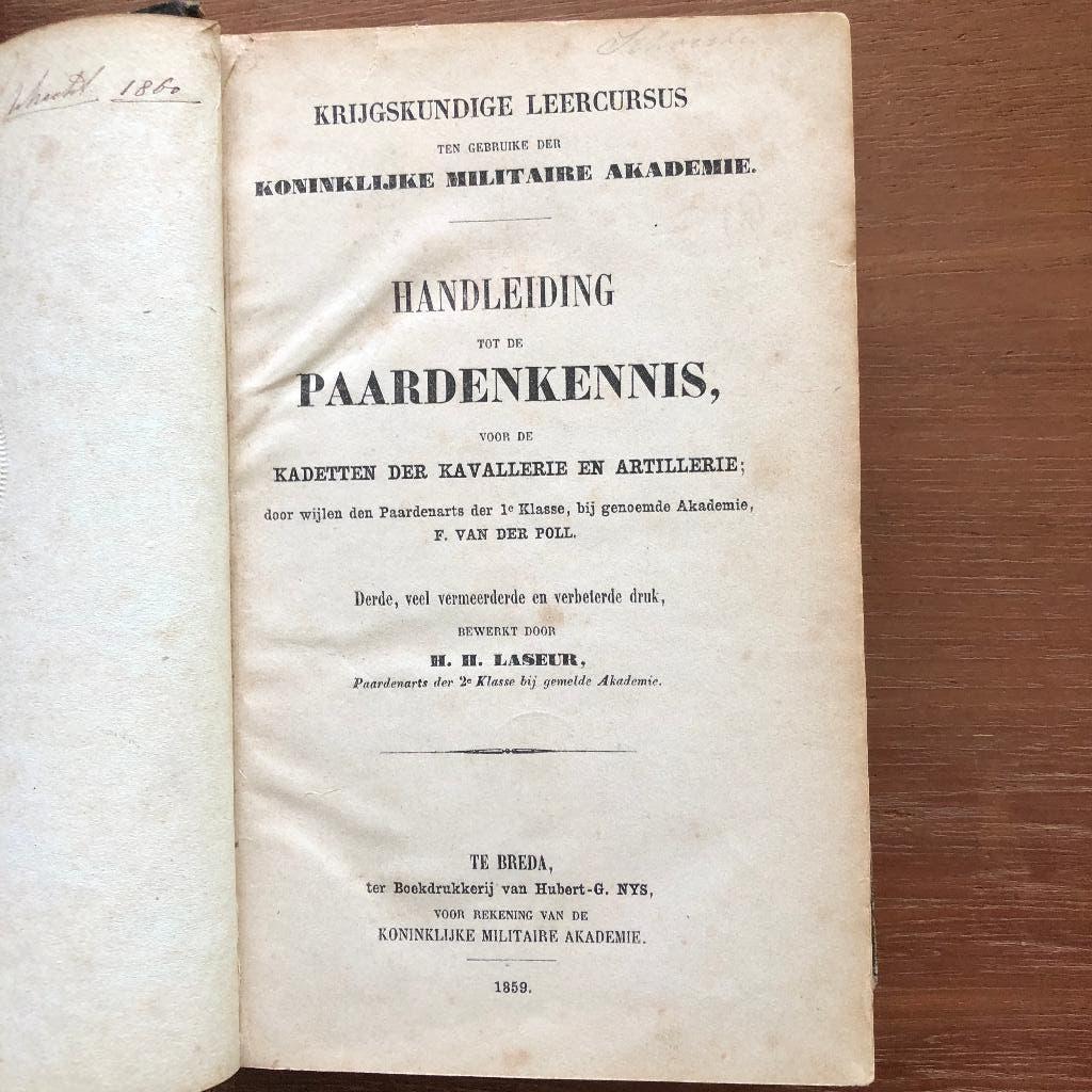 1859 Handleiding tot de paardenkennis voor kadetten der, Antiek en Kunst, Ophalen of Verzenden, H.H. Laseur