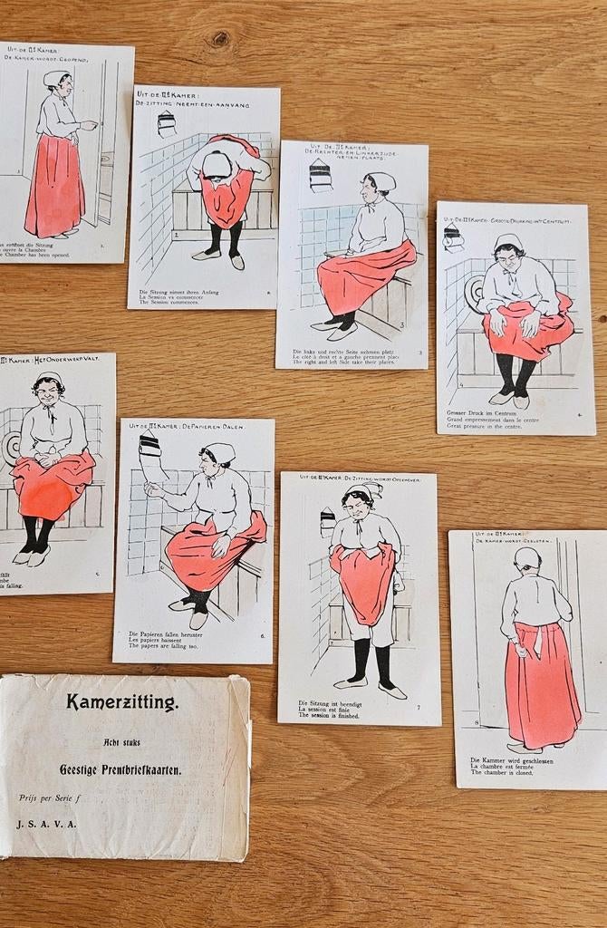 set van 8 geestige prentbriefkaarten: Kamerzitting, Ophalen of Verzenden, Voor 1920, Ongelopen, Noord-Brabant