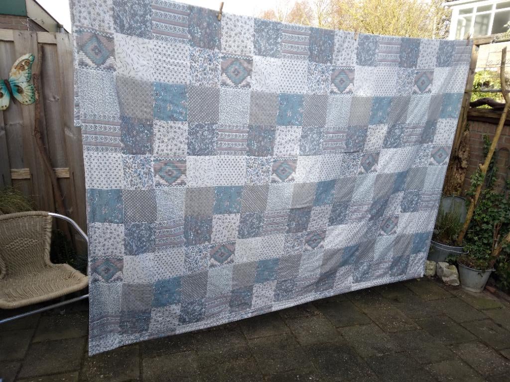Sprei doorgestikte deken, 2 kanten te gebruiken, blok print, Huis en Inrichting, Blauw, Overige typen, Tweepersoons, Ophalen of Verzenden