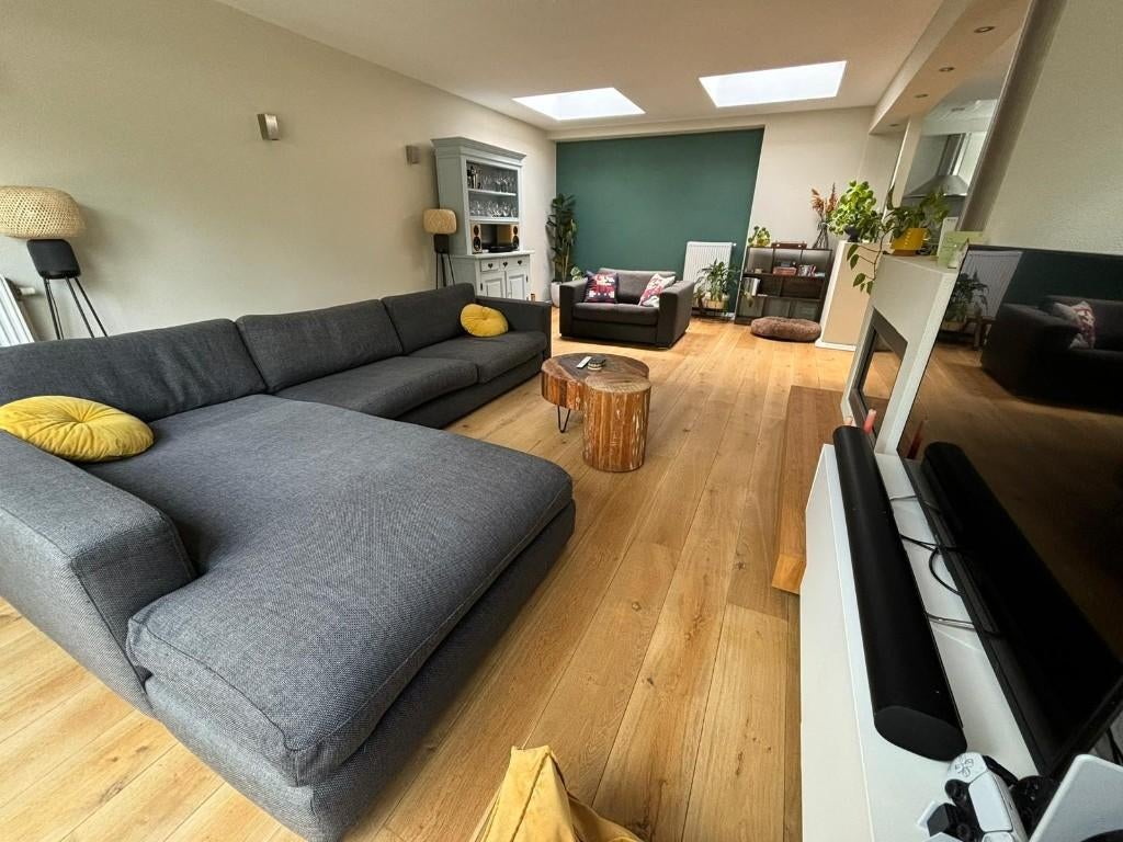 Stoffen loungebank met losse fauteuil ophalen vanaf 1 mei, Ophalen, Gebruikt, 100 tot 125 cm, Hoekbank