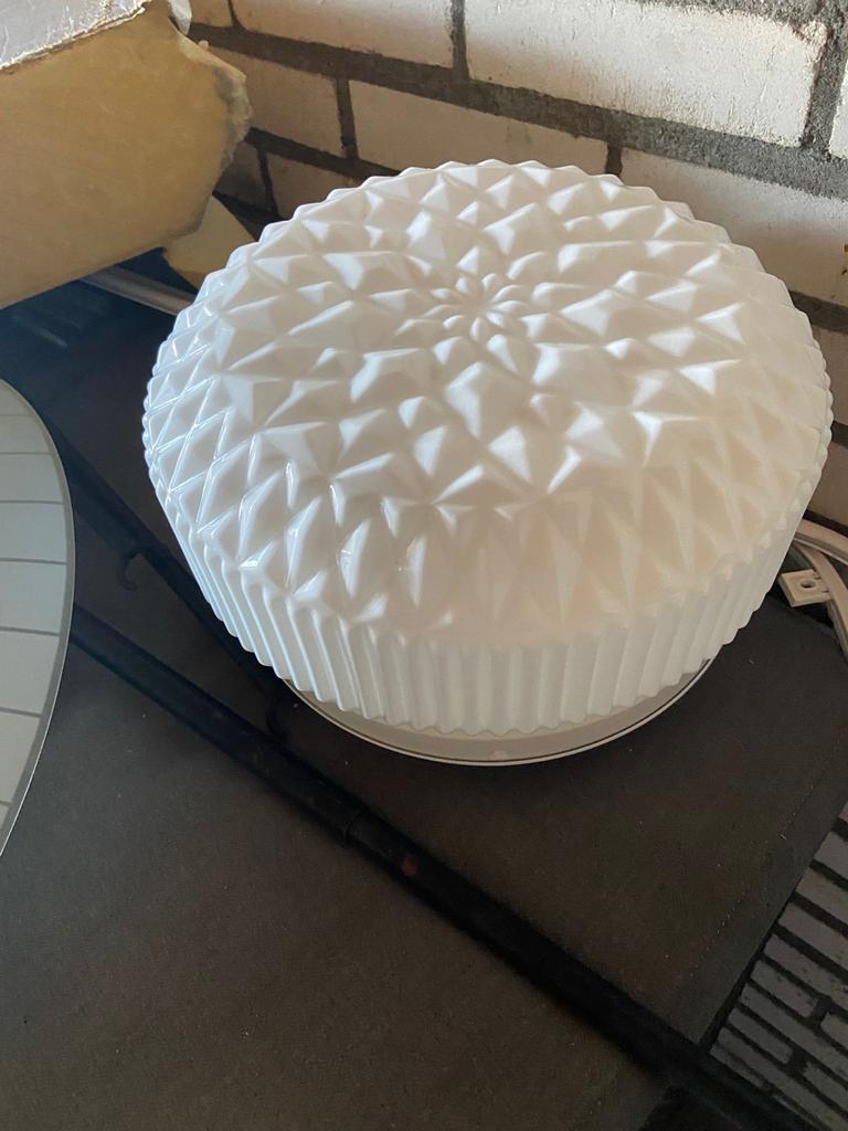 Vintage Plafonnière - Melkglas met Diamantpatroon, Ophalen, Gebruikt, Glas