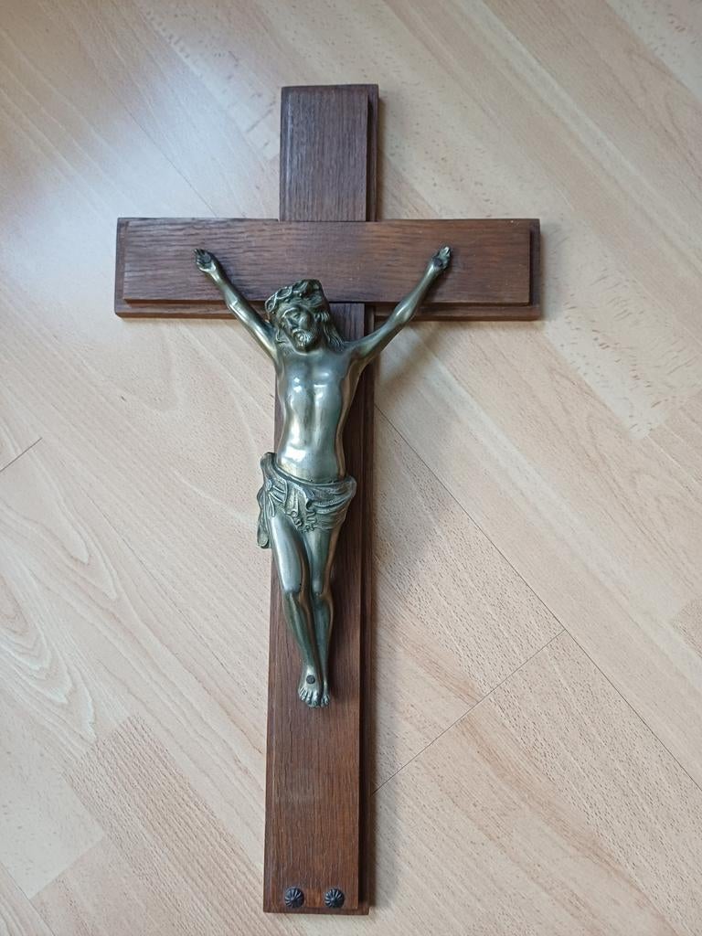 Antiek houten kruis met bronzen corpus, ca. 70 jaar oud, Ophalen of Verzenden